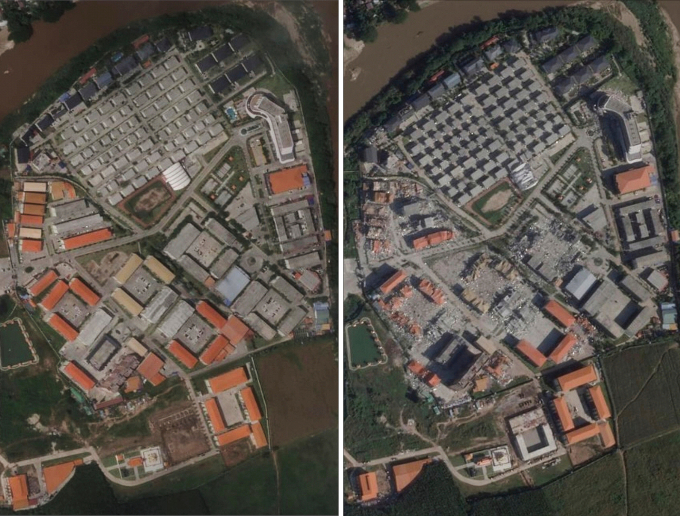 Một phần khu phức hợp KK Park chụp ngày 11/9 (trái) và chụp ngày 14/11. Ảnh: AP