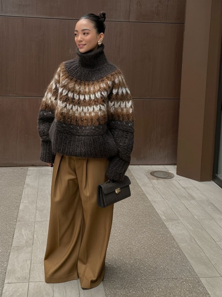 Mốt áo len xấu được ưa chuộng dịp cuối năm 12 Một trong những cách mặc đẹp được nhiều cô gái công sở lựa chọn là kết hợp áo len cổ lọ màu trầm và quần vải ống rộng cùng tông.