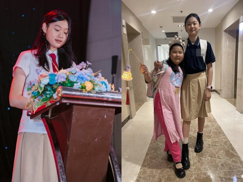 Ái nữ của Hương Giang đại diện lên phát biểu trong sự kiện của trường.