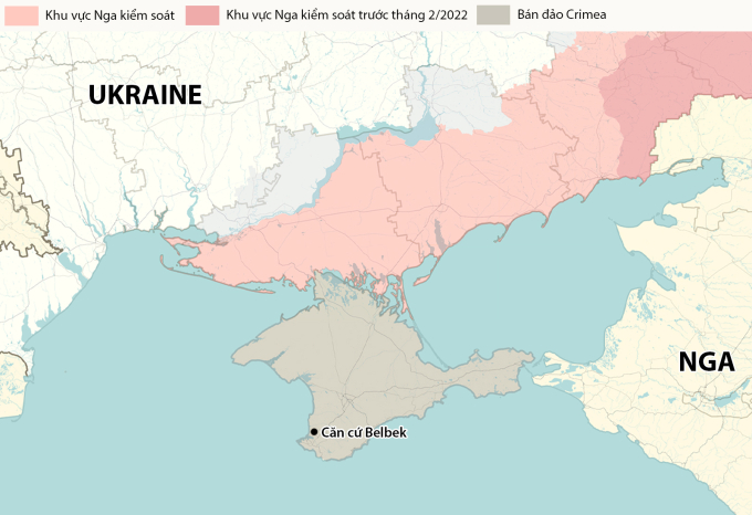 Vị trí căn cứ không quân Belbek tại bán đảo Crimea. Đồ họa: RYV