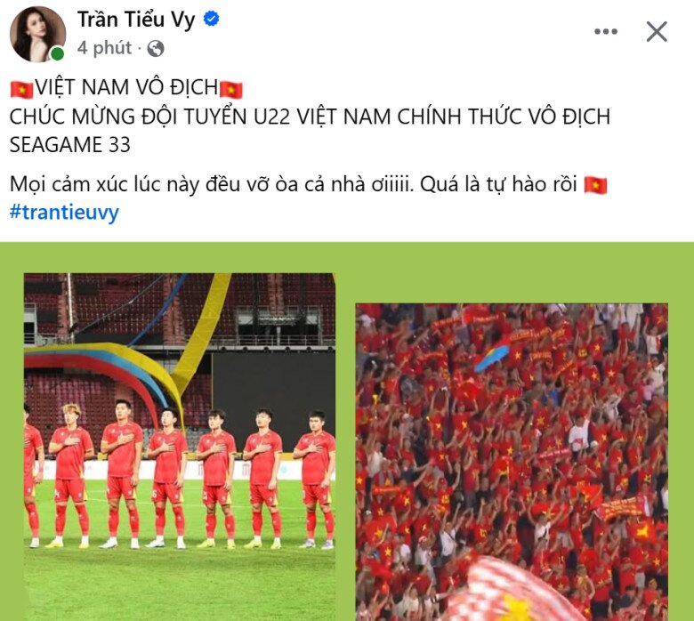 Sao Việt tự hào bóng đá Việt Nam giành vô địch SEA Games 33, Tùng Dương cảm ơn Thái Lan vì tạo kịch tính 8 Hoa hậu Tiểu Vy chia sẻ: Chúc mừng đội tuyển U22 Việt Nam chính thức vô địch SEA Games 33. Mọi cảm xúc lúc này đều vỡ òa cả nhà ơi, quá là tự hào rồi.