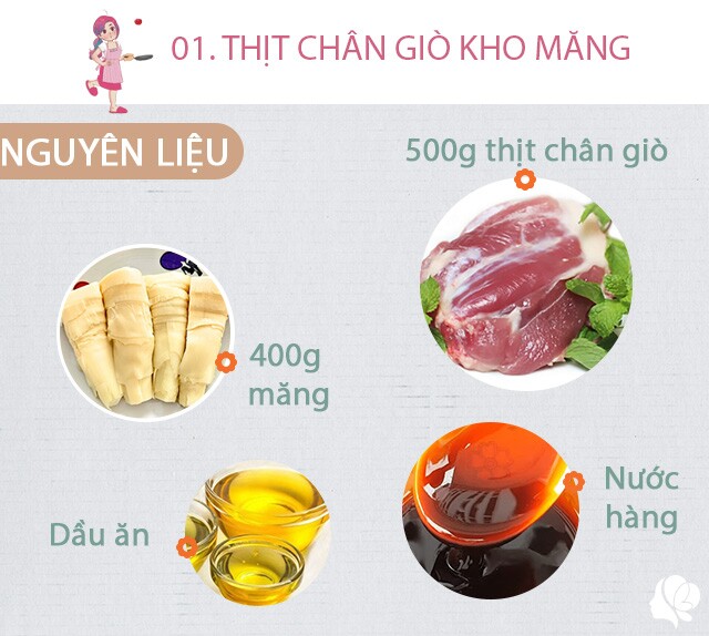 Hôm nay nấu gì: Cơm tối đầy ắp món ngon 3 Chuẩn bị: 500g thịt chân giò hoặc móng giò, 400g măng, nước hàng, dầu ăn, hành lá, hành khô, ớt sừng (tùy ý), muối.