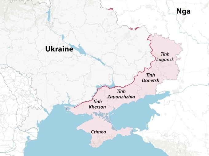 Tỉnh Donetsk, Lugansk và các khu vực Nga tuyên bố kiểm soát (màu đỏ). Đồ họa: Telegraph