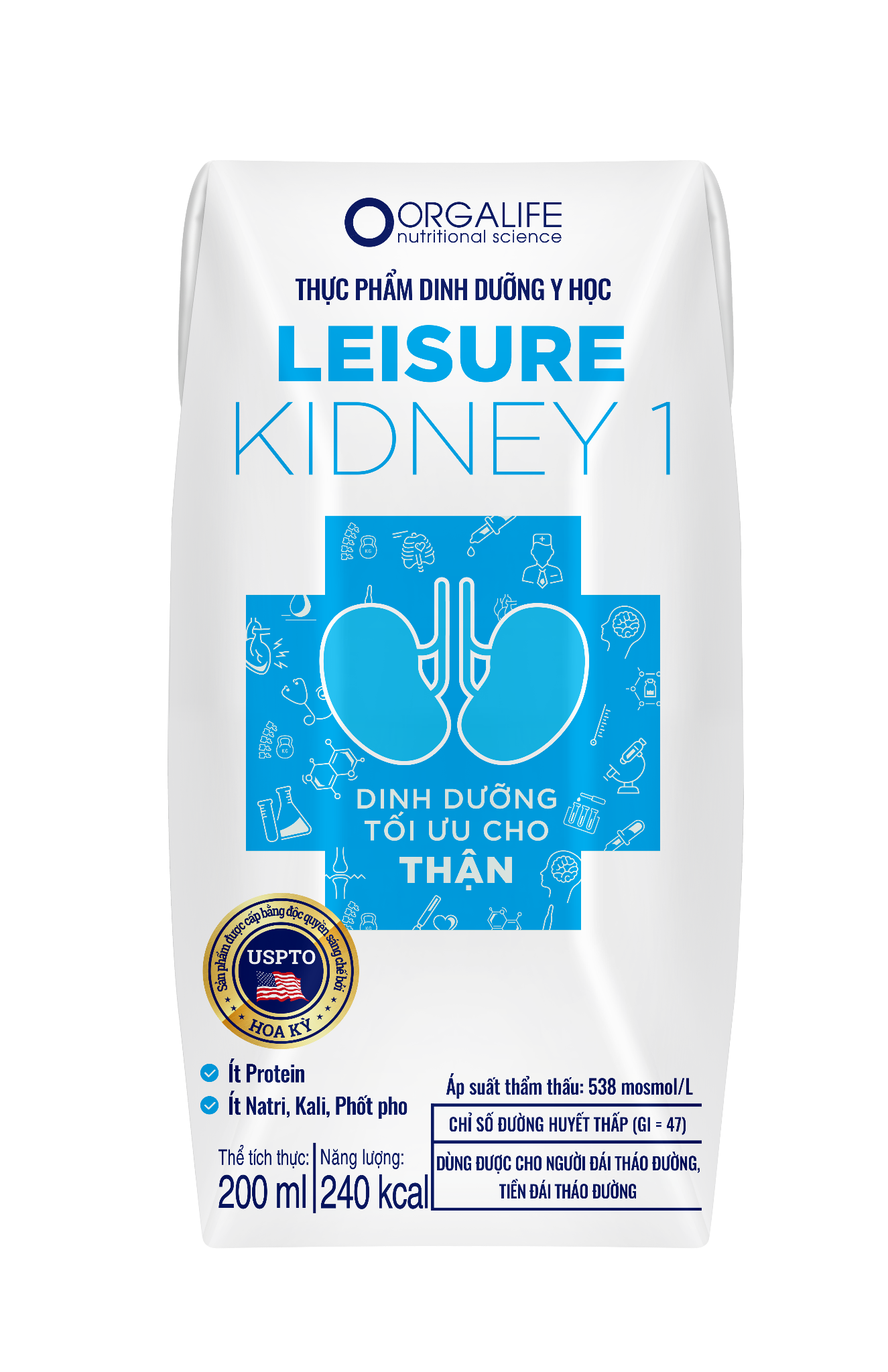 Leisure Kidney 1 dùng phù hợp cho bệnh nhân thận chưa lọc máu với hàm lượng Protein thấp. Nguồn: Orgalife.