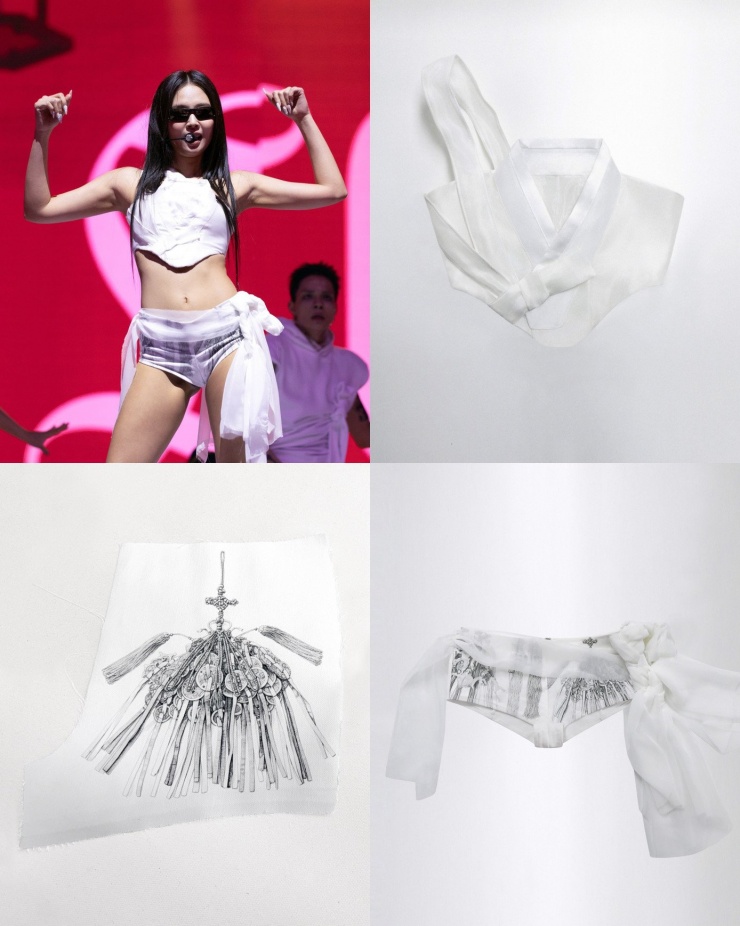 Phần vải của váy sử dụng kỹ thuật vẽ bút mực, mô tả các loại phụ kiện truyền thống như norigae hay jangdo.