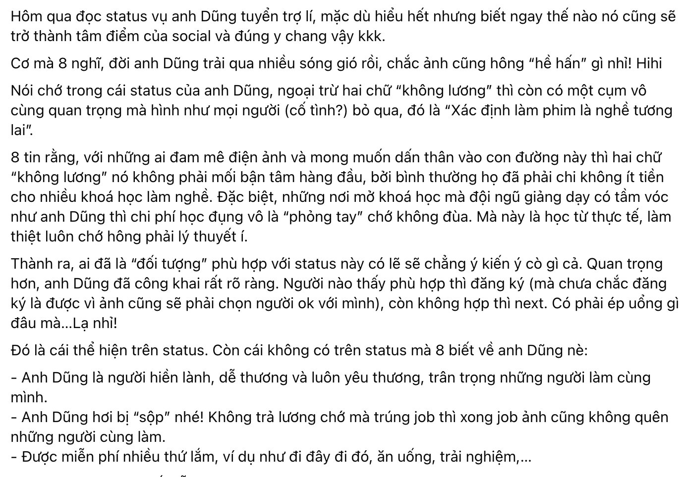 Ồn ào tuyển trợ lý không lương của đạo diễn Quang Dũng: Chuyên gia trong nghề lên tiếng bênh vực- Ảnh 6. Ồn ào tuyển trợ lý không lương của đạo diễn Quang Dũng: Chuyên gia trong nghề lên tiếng bênh vực- Ảnh 6.