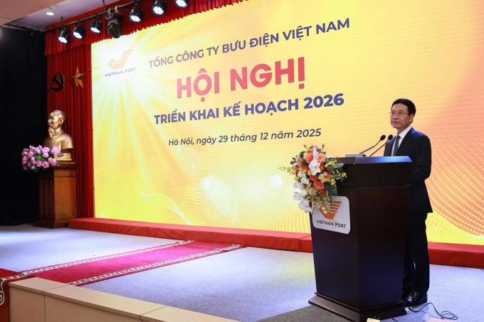 Bộ trưởng Khoa học và Công nghệ Nguyễn Mạnh Hùng phát biểu tại Hội nghị triển khai kế hoạch năm 2026 của Tổng công ty Bưu điện Việt Nam, sáng 29/12. Ảnh: Quốc Bảo
