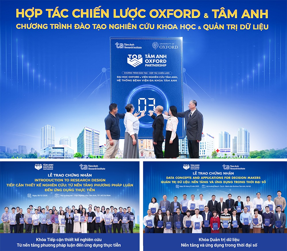 Các chuyên gia Oxford - Tâm Anh cùng thực hiện nghi thức khai mạc “Tuần lễ đào tạo chuyên sâu phối hợp giữa Viện Nghiên cứu Tâm Anh & Đại học Oxford”. Ảnh: Viện Nghiên cứu Tâm Anh