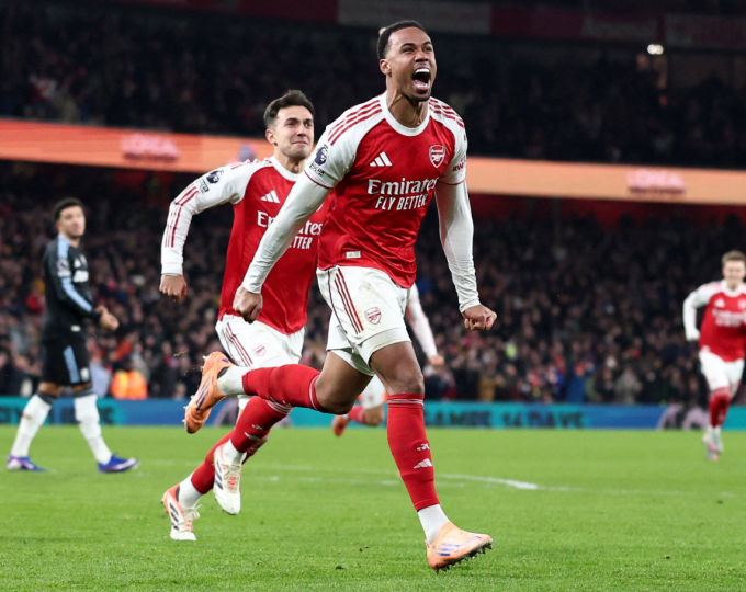 Gabriel Magalhaes mừng bàn mở tỷ số cho Arsenal. Ảnh: Reuters