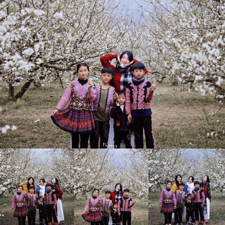 Phương Lii chụp ảnh với các em nhỏ ở vườn mận Mộc Châu. Ảnh: FBNV