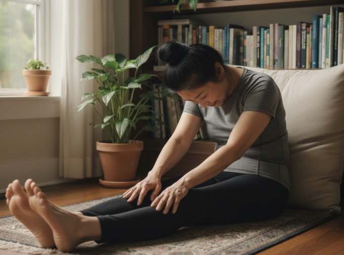 Động tác duỗi đầu gối tốt cho người viêm khớp gối. Ảnh minh họa tạo bởi AI