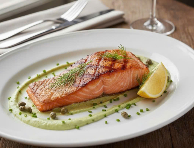 Cá hồi giàu omega-3 có lợi cho mạch máu và tim mạch. Ảnh được tạo bởi AI