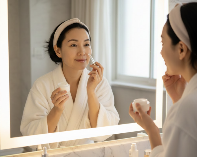 Chăm sóc da bên ngoài kết hợp chế độ ăn uống phù hợp, sinh hoạt lành mạnh để làm chậm lão hóa da. Ảnh minh họa tạo bởi AI