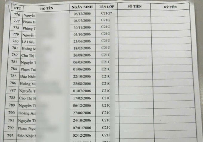 Danh sách nhận tiền được bỏ trống cột số tiền mà Đăng và các sinh viên trường Cao đẳng Du lịch Hà Nội phải ký nhận. Ảnh: Nhân vật cung cấp