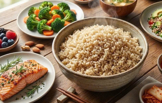 Gạo lứt giàu chất xơ và vi chất, hỗ trợ chuyển hóa chất béo tại gan. Ảnh được tạo bởi AI