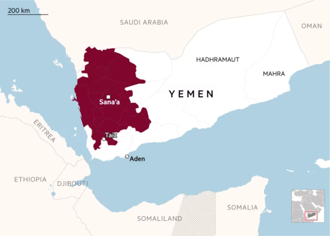 Khu vực do Houthi kiểm soát ở Yemen (màu đỏ) và hai tỉnh Hadramout, Mahra. Đồ họa: FT