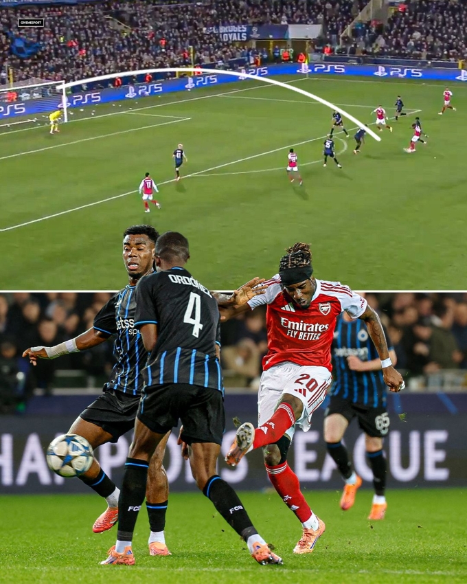Noni Madueke ghi bàn mở tỷ số trong trận Arsenal thắng Club Brugge ở lượt sáu vòng bảng Champions League trên sân Jan Breydel, Sint-Andries, Brugge, Bỉ ngày 10/12/2025. Ảnh: GiveMeSport
