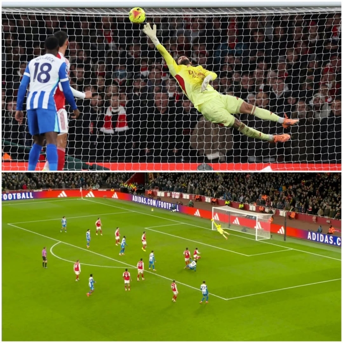 David Raya bay người cản cú đá của Yankuba Minteh trong trận Arsenal thắng Brighton 2-1 ở vòng 18 Ngoại hạng Anh trên sân Emirates, London, Anh ngày 27/12/2025.