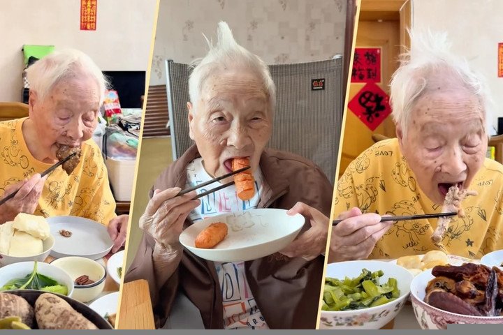 Bí quyết sống thọ của cụ bà 100 tuổi vẫn đam mê ăn uống, thích trà sữa, kem 1 Cụ bà 100 tuổi ở Trung Quốc gây sốt mạng xã hội khi làm vlog ẩm thực. (Ảnh: Douyin)