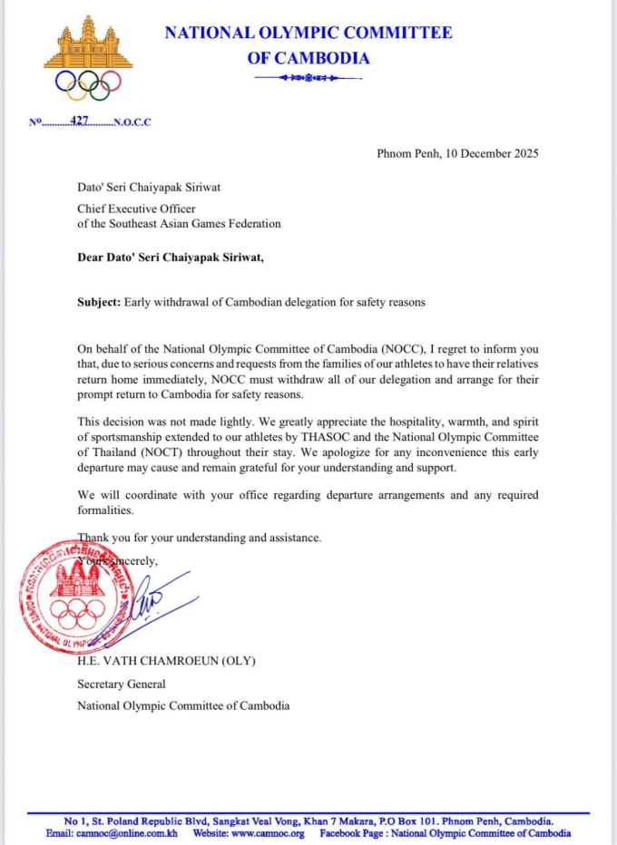 Thư của ông Vath Chamroeun gửi thư đến Ban tổ chức SEA Games 33.