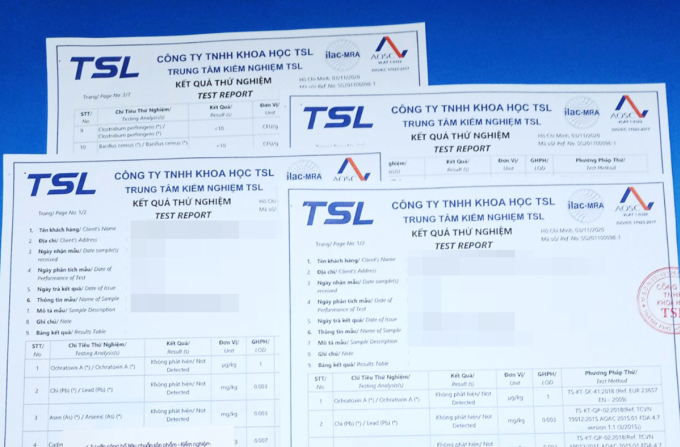 Một loại phiếu kết quả thử nghiệm của Công ty TSL. Ảnh: TSL