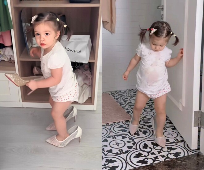 Con gái Lan Phương 1 tuổi đã thành thạo đi giày cao gót của mẹ, càng lớn càng rõ nét Tây trông cực yêu 1 Khoảnh khắc bé Mia mang giày cao gót của mẹ.