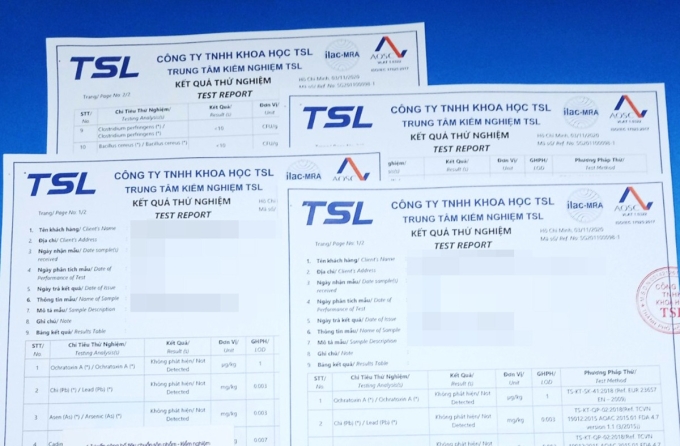 Một loại phiếu kết quả thử nghiệm của Công ty TSL. Ảnh: TSL