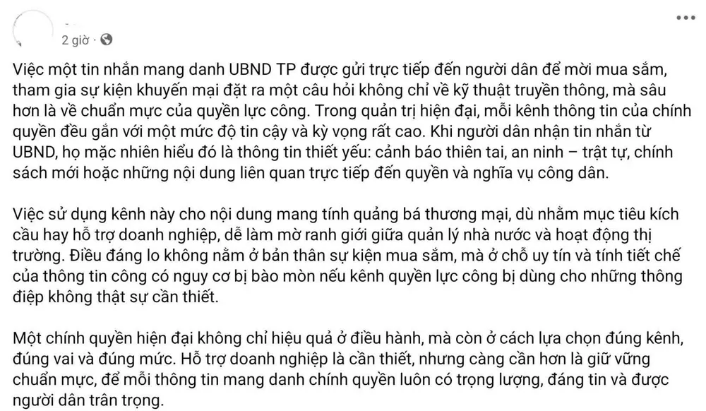 Nội dung bài đăng trên Facebook thu hút sự chú ý của nhiều người. Ảnh chụp màn hình tin-nhan.jpg