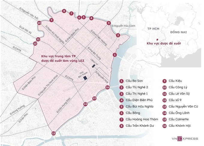 Khu vực trung tâm thành phố được đề xuất làm vùng LEZ. Đồ họa: Hoàng Khánh
