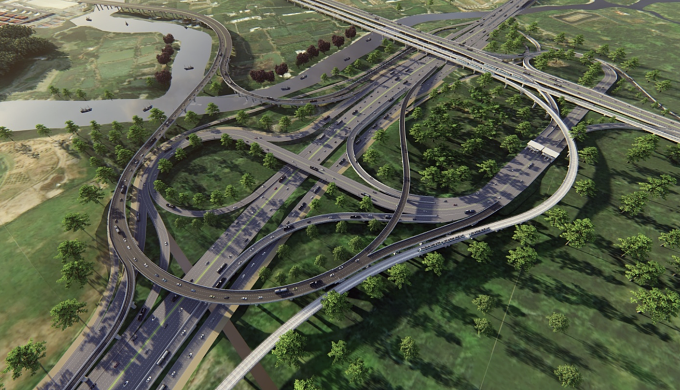 Phối cảnh nút giao đường liên cảng với cao tốc TP HCM - Long Thành - Dầu Giây và Vành đai 3 khi hoàn thành. Ảnh: Sở Xây dựng