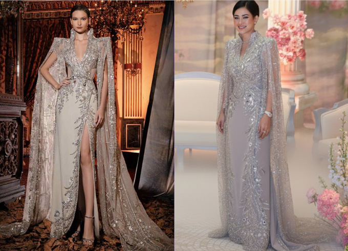 Diễn viên Thủy Tiên diện váy hơn 600 triệu đồng ở lễ cưới con gái 1 Thiết kế ban đầu (trái) được Thủy Tiên đặt làm lại, phù hợp với vóc dáng của chị.