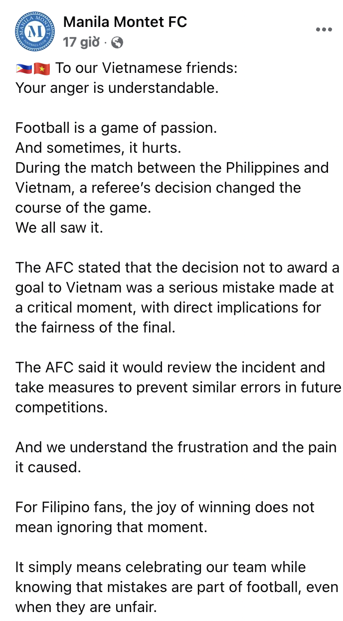 Đội bóng Philippines gửi tâm thư khi trọng tài 