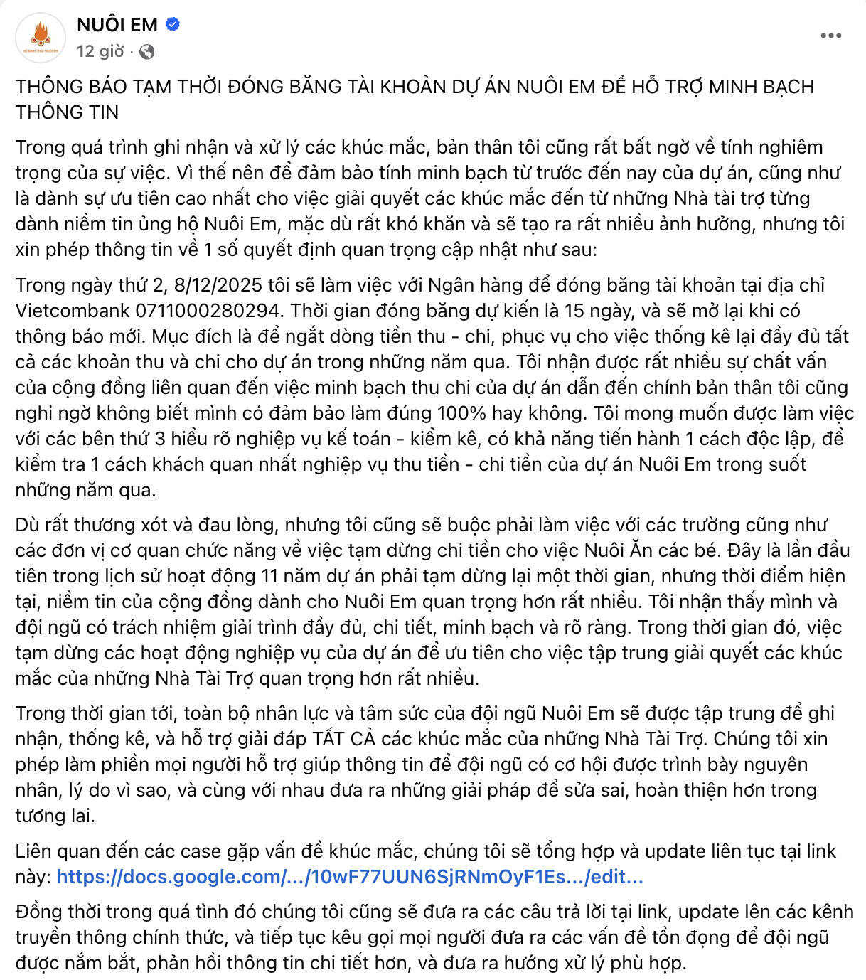 Tạm đóng băng tài khoản dự án 'Nuôi Em' 1 Đóng băng tài khoản dự án 'Nuôi Em' để phục vụ minh bạch - Ảnh 1.