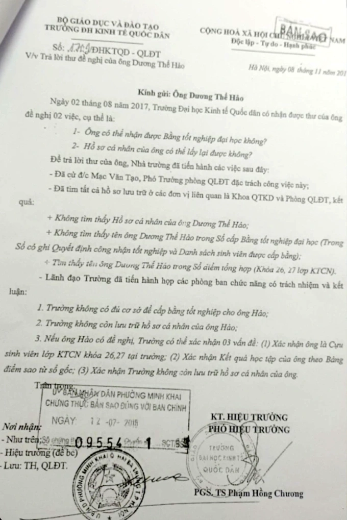 Văn bản trường ĐH Kinh tế Quốc dân trả lời ông Hảo về việc không giữ giấy tờ, không có căn cứ trả bằng tốt nghiệp. Ảnh: Nhân vật cung cấp