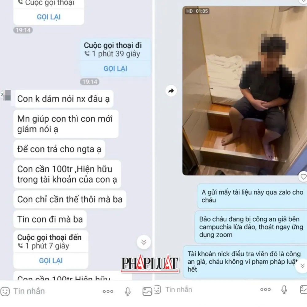 Tin nhắn em T (bên trái) xin tiền 100 triệu từ gia đình để đóng phí "đặt cọc" học bổng và tin nhắn (bên phải) cán bộ công an hướng dẫn người nhà gửi clip, tài liệu về tình trạng "bắt cóc online" nhằm "đánh thức" nạn nhân. Ảnh: NVCC z7284813008885_299b24d74158fee1afa87fc9cfecd973.jpg