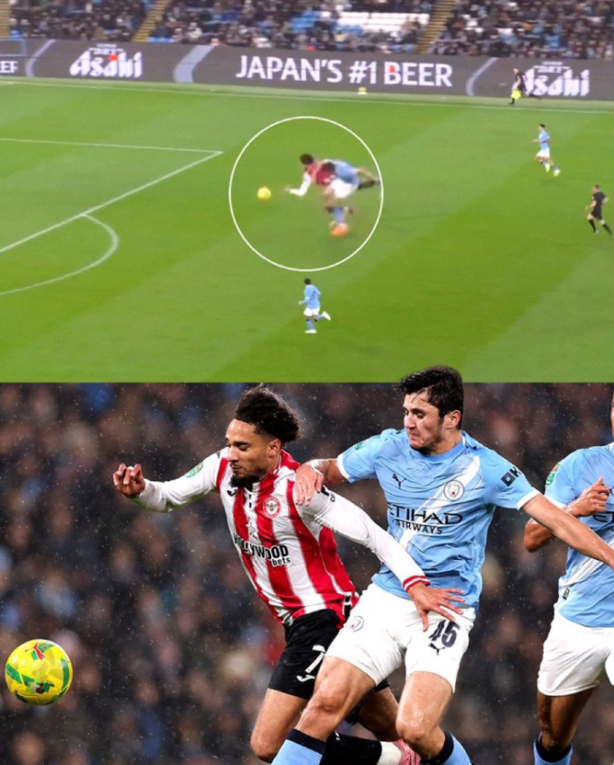 Tình huống Abdukodir Khusanov phạm lỗi với Kevin Schade và nhận thẻ vàng, trong trận Man City thắng Brentford 2-0 ở tứ kết Cup Liên đoàn trên sân Etihad, Manchester, Anh ngày 17/12/2025.