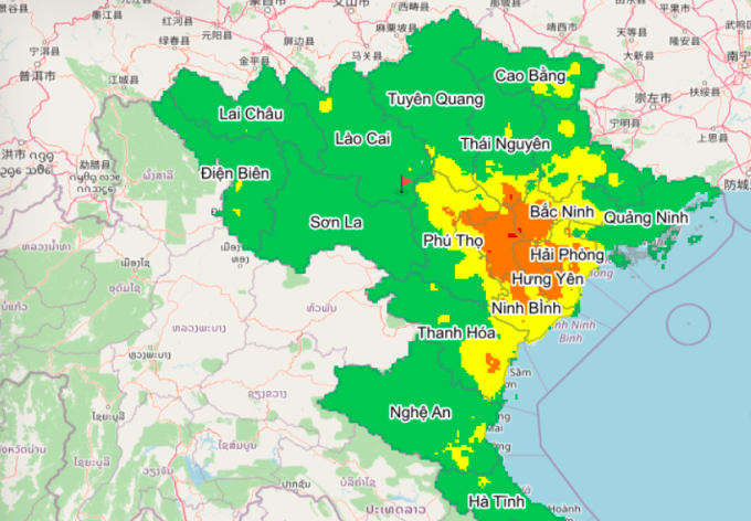 Mức độ ô nhiễm tại miền Bắc sáng nay. Ảnh: Trường Đại học Công nghệ, Đại học Quốc Gia Hà Nội