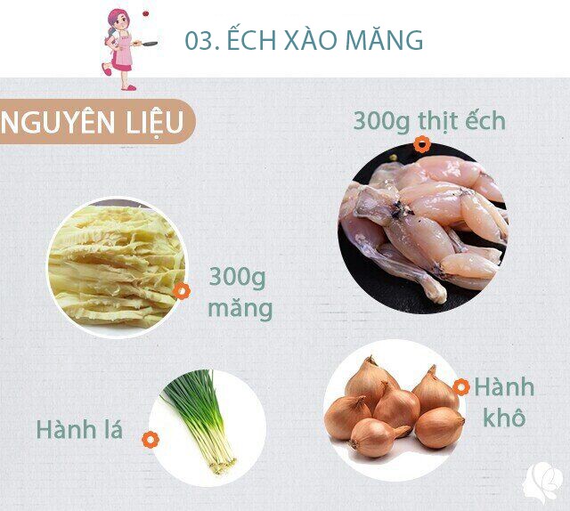 Hôm nay nấu gì: Bữa tối siêu ngon, chẳng ai muốn bỏ qua 7 Nguyên liệu: 300g ếch - 300g măng - Hành khô, hành lá, mùi tàu - Gia vị: Dầu ăn, bột canh, bột ngọt, hạt tiêu.