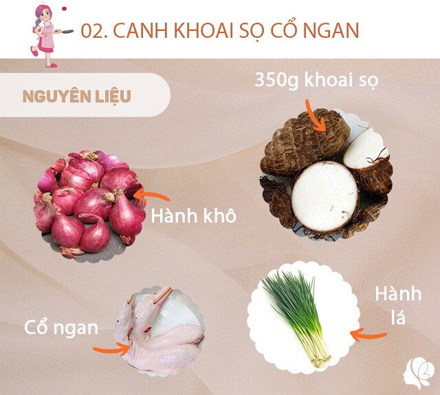 Chuẩn bị: 1 cái đầu cổ ngan, hành khô, hành lá, 350g khoai sọ, muối, dầu ăn, mùi tàu, 1/2 củ cà rốt.