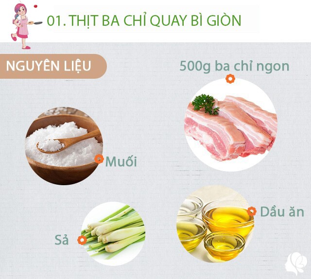 Hôm nay nấu gì: Cơm tối 4 món cực hấp dẫn 3 Chuẩn bị: - 1 miếng thịt ba chỉ ngon khoảng 500 kg - 1 nhánh sả đập dập - 1 củ hành tây; 3 muỗng canh muối; 1 miếng gừng thái lát vài lá chanh nếu có