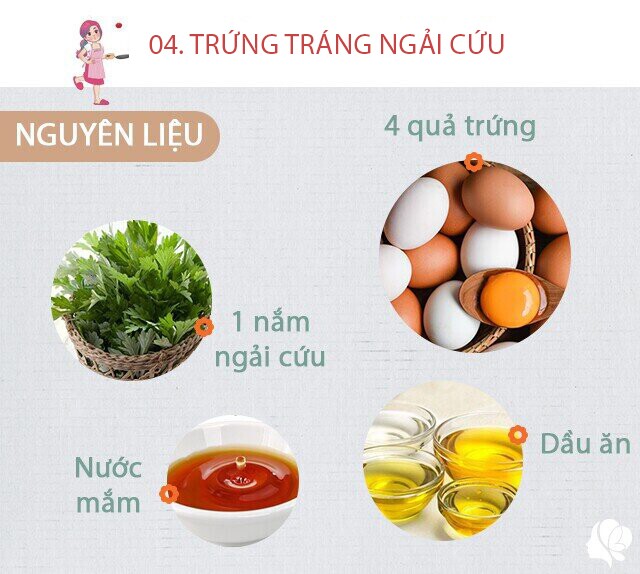 Hôm nay nấu gì: Cơm tối đầy ắp món ngon 9 Chuẩn bị: 4 quả trứng gà, một nắm ngải cứu, nước mắm, dầu ăn.