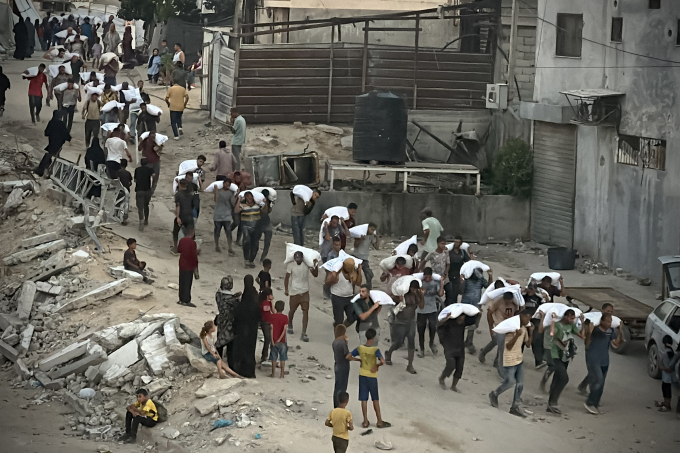 Người dân Dải Gaza nhận viện trợ lương thực tại thành phố Khan Younis ngày 25/7. Ảnh: AFP