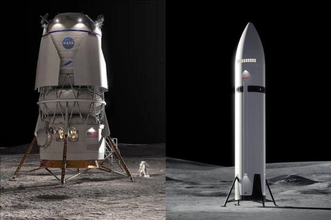 Mô phỏng tàu đổ bộ Mặt Trăng Blue Moon của Blue Origin (trái) và Hệ thống phóng người Starship (HLS) của SpaceX. Ảnh: NASA/Blue Origin/SpaceX