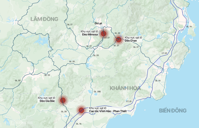 Vị trí các khu vực sạt lở ở Lâm Đồng do mưa lớn. Đồ họa: Tâm Thảo
