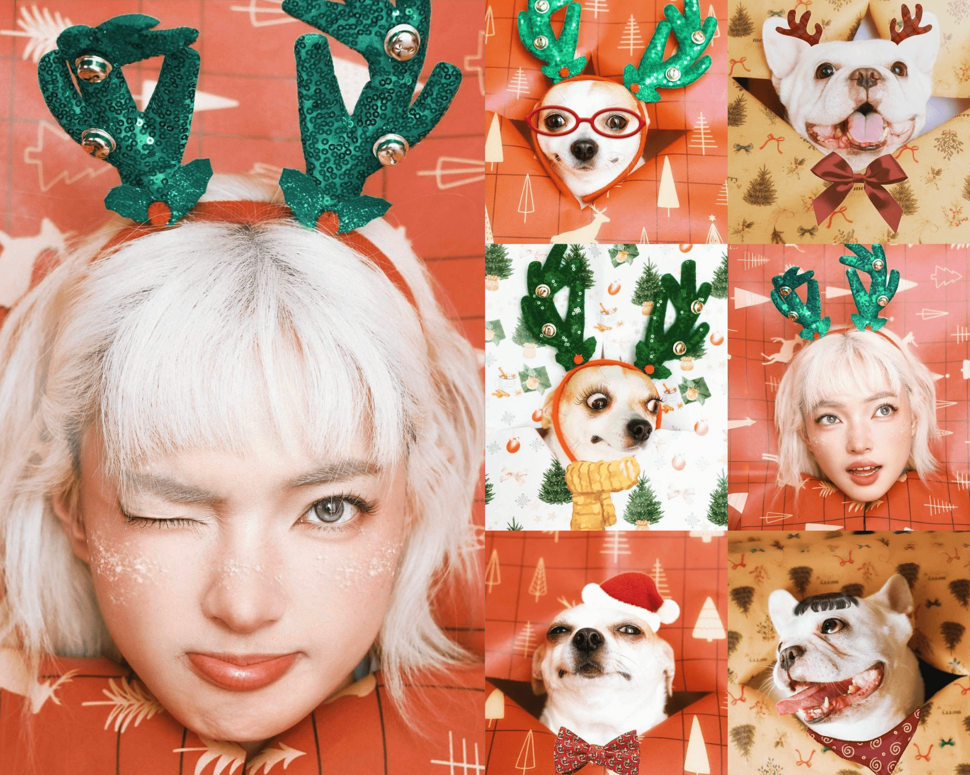 Châu Bùi "nôn nao" Giáng sinh từ giữa tháng 12. "Em Xinh" có ý tưởng chụp hình Noel tại nhà đầy sáng tạo. Cô nàng hóa thân thành món quà "xuyên thủng" giấy gói rực rỡ sắc màu.