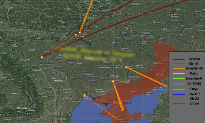 Hướng bay của tên lửa Nga tính đến sáng 6/12. Đồ họa: X/AMK Mapping