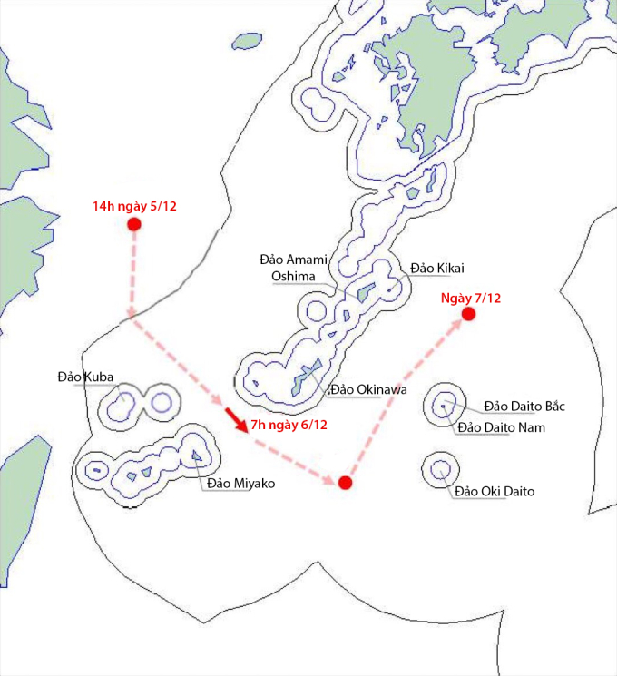 Hướng di chuyển và vị trí của nhóm tác chiến tàu sân bay Liêu Ninh (chấm đỏ) ngày 5-7/12. Đồ họa: BQP Nhật Bản