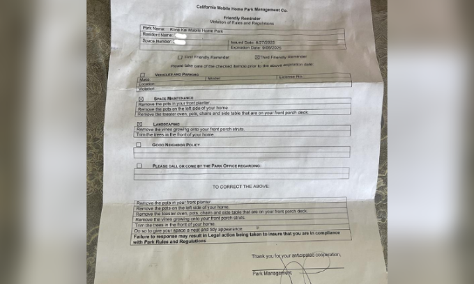 Thư cảnh cáo vi phạm nội quy tại khu Kona Kai, thành phố Santa Ana. Ảnh: USC