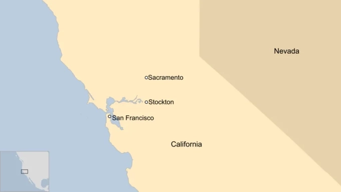 Vị trí thành phố Stockton ở bang California, Mỹ. Đồ họa: BBC