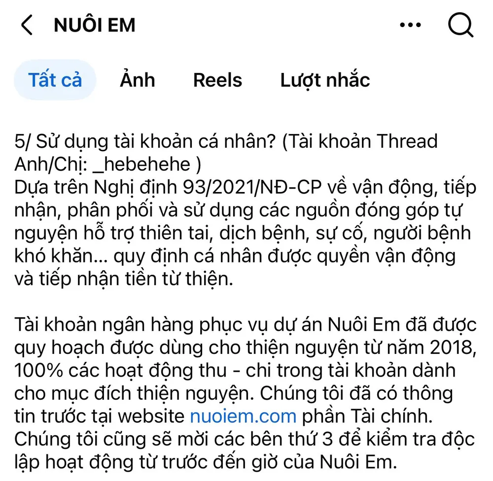 Trang Facebook chính thức của dự án “Nuôi Em” lý giải lý do sử dụng tài khoản cá nhân. du-an-nuoi-em-dung-tai-khoan-ca-nhan-nhan-tien-tu-thien-luat-su-noi-gi-.jpg